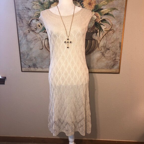 Sz S Ralph Lauren Blue Label Italian Yarn Knit Pointelle Dress Gold Metallic - Picture 1 of 17